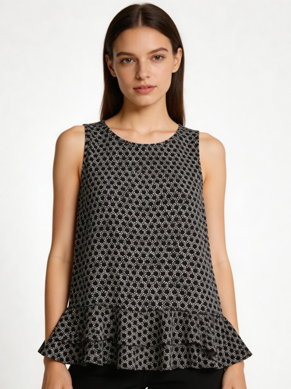 Loft Ann Taylor black white dotted tank top peplum ruffle size medium round neck